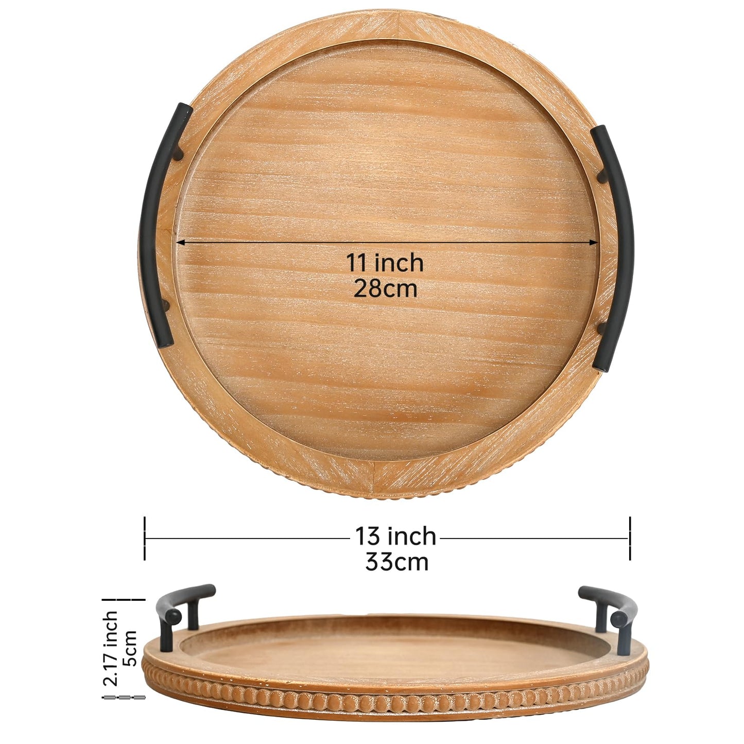 SwallowLiving Brown Wooden Beaded Serving Tray with Handle Decorative Rustic Tray for Coffee Table Farmhouse Round Tray for Kitchen, Living Room and Bedroom