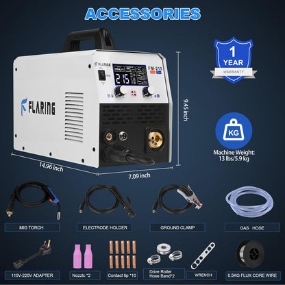 FLARING MIG Welder 215amp 6 IN 1 Welder Machine 120V/240V Flux Core/Gas MIG/Stick/Lift TIG/Spot welding/Spool Gun Multi-Process 2lbs/11lbs Wire Compatible IGBT Inverter Portable Welder