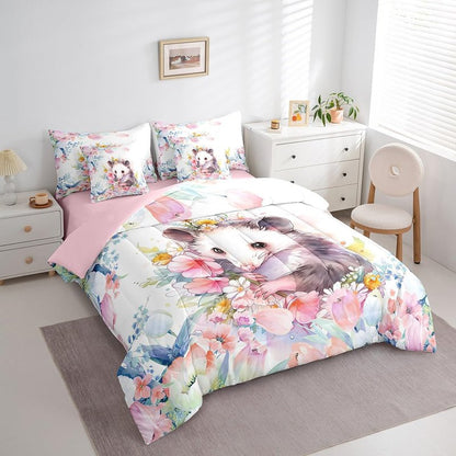 Feelyou Cute Opossum Comforter Set Twin 7 Pcs Cartoon Animal Theme Bedding Set Flower Floral Print Farmhouse Zoo Wildlife Style Decor Bed in a Bag with Comforter, Sheets, Pillowcases & Cushion Cover