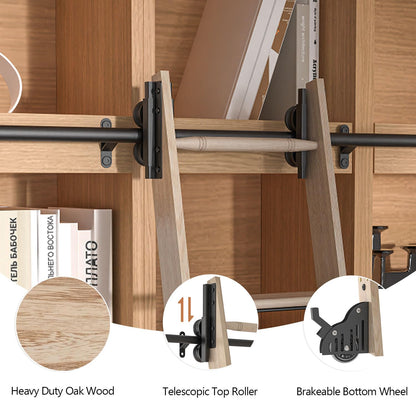 LKCBITION 87inch Heavy Duty Oak Wood Ladder with 4ft Telescoping Top Rollers & Bottom Brake Wheels Sliding Hardware, Rolling Library Ladder for Loft, Attic, Bookshelf