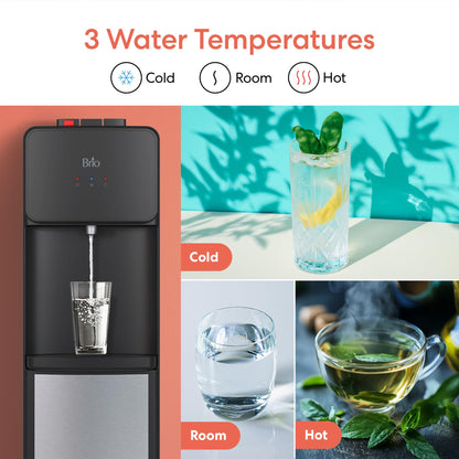 Brio 130 Series Top-Load Water Cooler Dispenser for 3- and 5-Gallon Bottles, Hot & Cold, Spill-Free Loading, Child Safety Lock, Energy Star 3.0, Black & Stainless