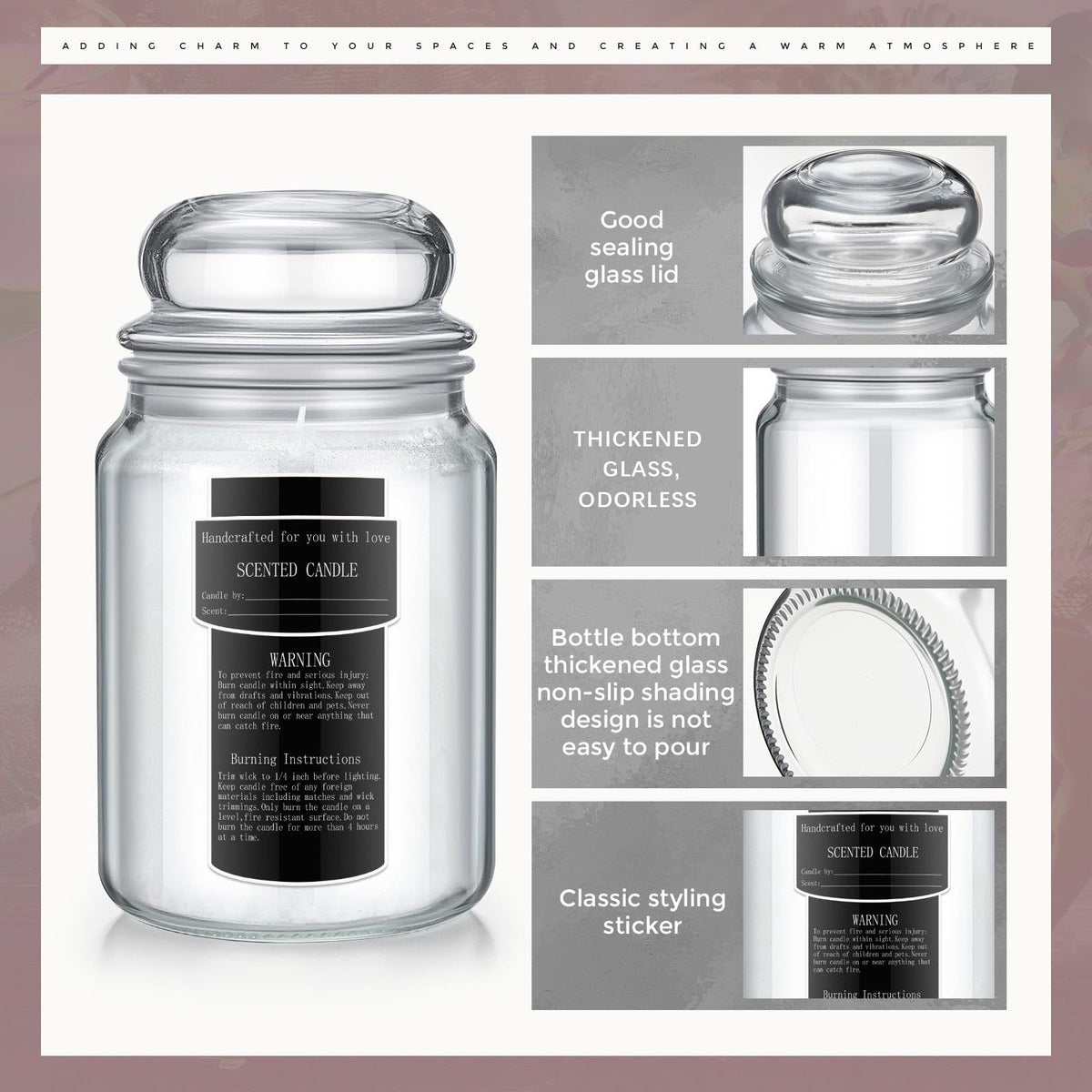 Ziliny 6 Pack 25 oz Glass Candle Jars with Airtight Lids Large Thick Clear Candle Containers with 10 Warning Labels Wooden Wick Holders