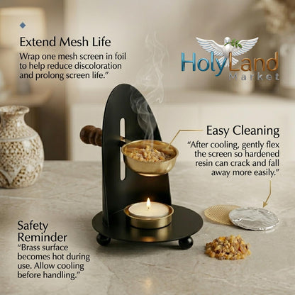 Brass Incense Burner Kit - Candle,Incense and 2 Mesh Screens, Adjustable Charcoal and Tea Light Bakhoor Burner for Resin, Myrrh, Copal at Home, Church, Meditation Space (Brass - Black - Model)