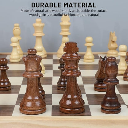 LEAP Wooden Chess Set 17 Inches - 2 Extra Queens - Folding Board Raised Edge Handmade Portable Travel Chess Board Game Sets with Game Pieces Storage Slots - Chess Set for Adults and Beginner
