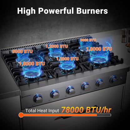 AAOBOSI 36 inch Gas Cooktop, Freestanding Range Commercial Cooktops, Built-in Propane Stoves Top NG/LPG Switch, Cast Iron Stove Top Covers for with 6 Gas Burners for Cooking, Grilling