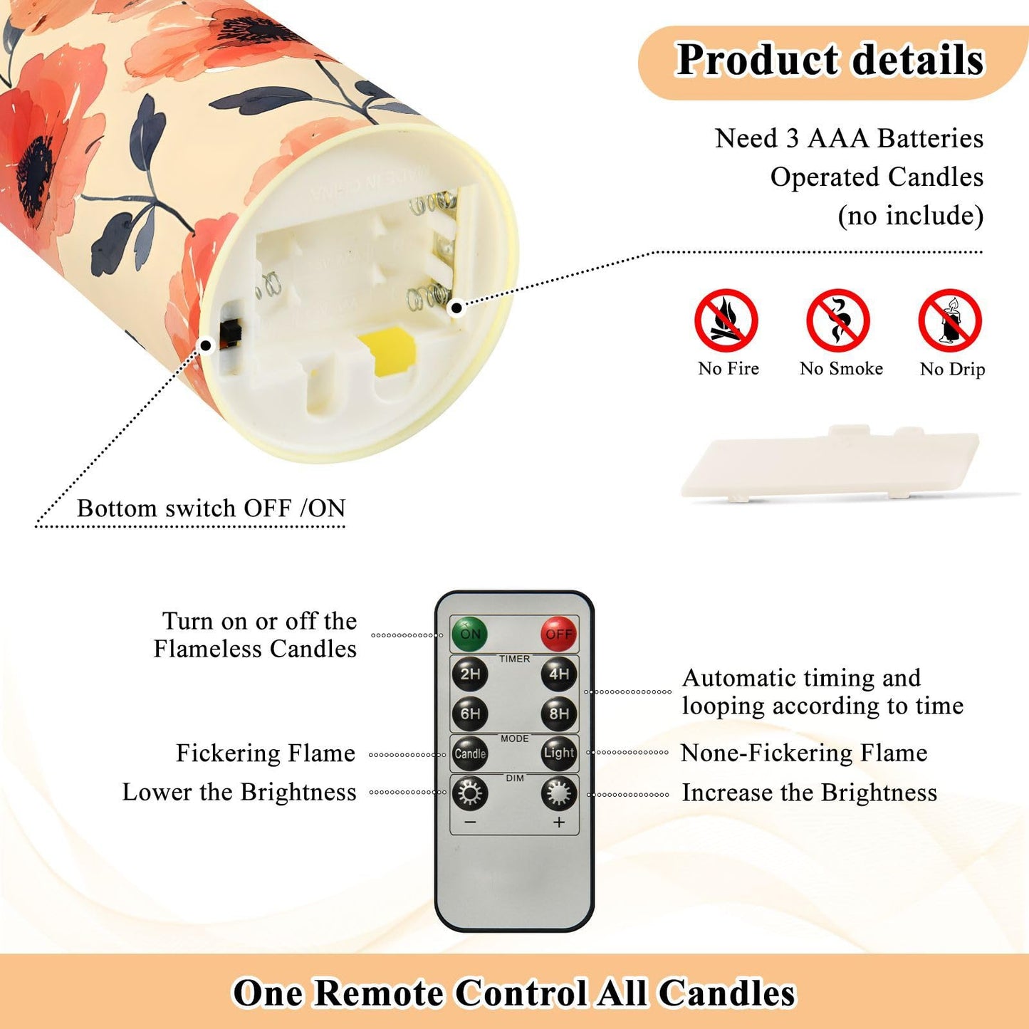 ALAZA Flower Pink White Red Black Flickering Flameless Candles Battery Operated with Remote Timer,Tea Light Candles LED Pillar Votive Set of 2 for Outdoor Indoor Decorations 3" x5.9"