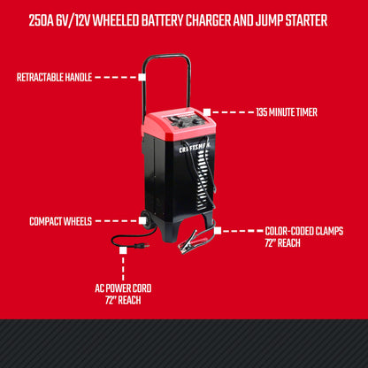 CRAFTSMAN Wheeled Manual 10A Car Battery Charger and 250A Engine Starter, 2-in-1 Solution, 50A Boost, for 6V/12V Automotive and Marine Batteries, CMXCESM233