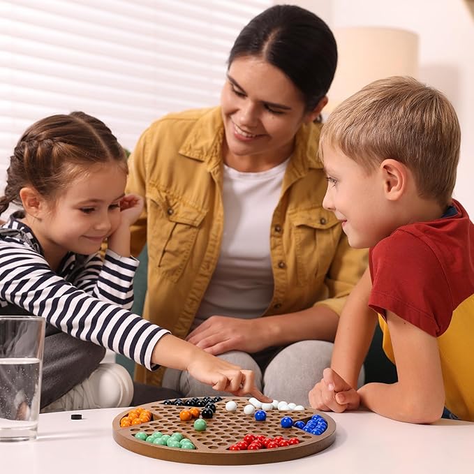 12-Inch Wooden Chinese Checkers Set - Classic Round Design with 60 Acrylic Marbles in 6 Vibrant Colors - Includes 12 Bonus Spare Marbles - Family Strategy Board Game for Kids and Adults