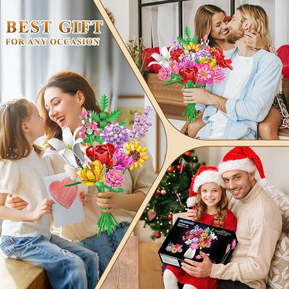 Flower Bouquet Building Set Valentines Day Botanical Collection Building Block Toy 1464 PCS 18 Flowers Rose Sunflower Home Plant Decor Birthday Gifts for Adults Women Boys Girls 8-12+