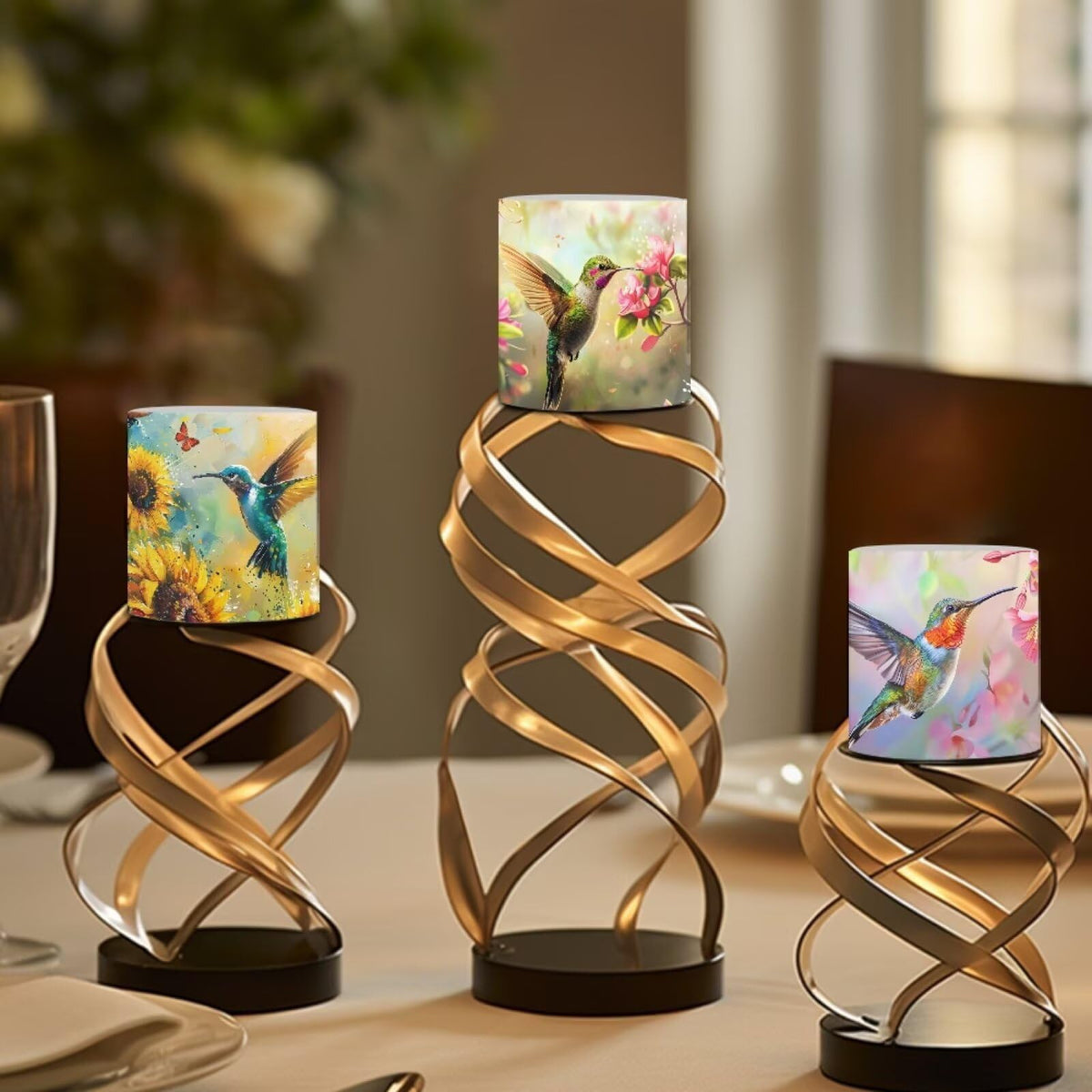 NETILGEN Floral Hummingbird Print Flickering Flameless Candles with Remote Timer Control Pack of 4 Battery Operated LED Pillar Candles 3 inch Flameless LED Candles