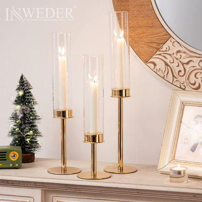 Inweder Hurricane Taper Candle Holders: Gold Glass Candlestick Holder Tall Candle Sticks Holder Decor with Glass Cover for Wedding Table Centerpiece Party Birthday Christmas Home Mantel Set of 3