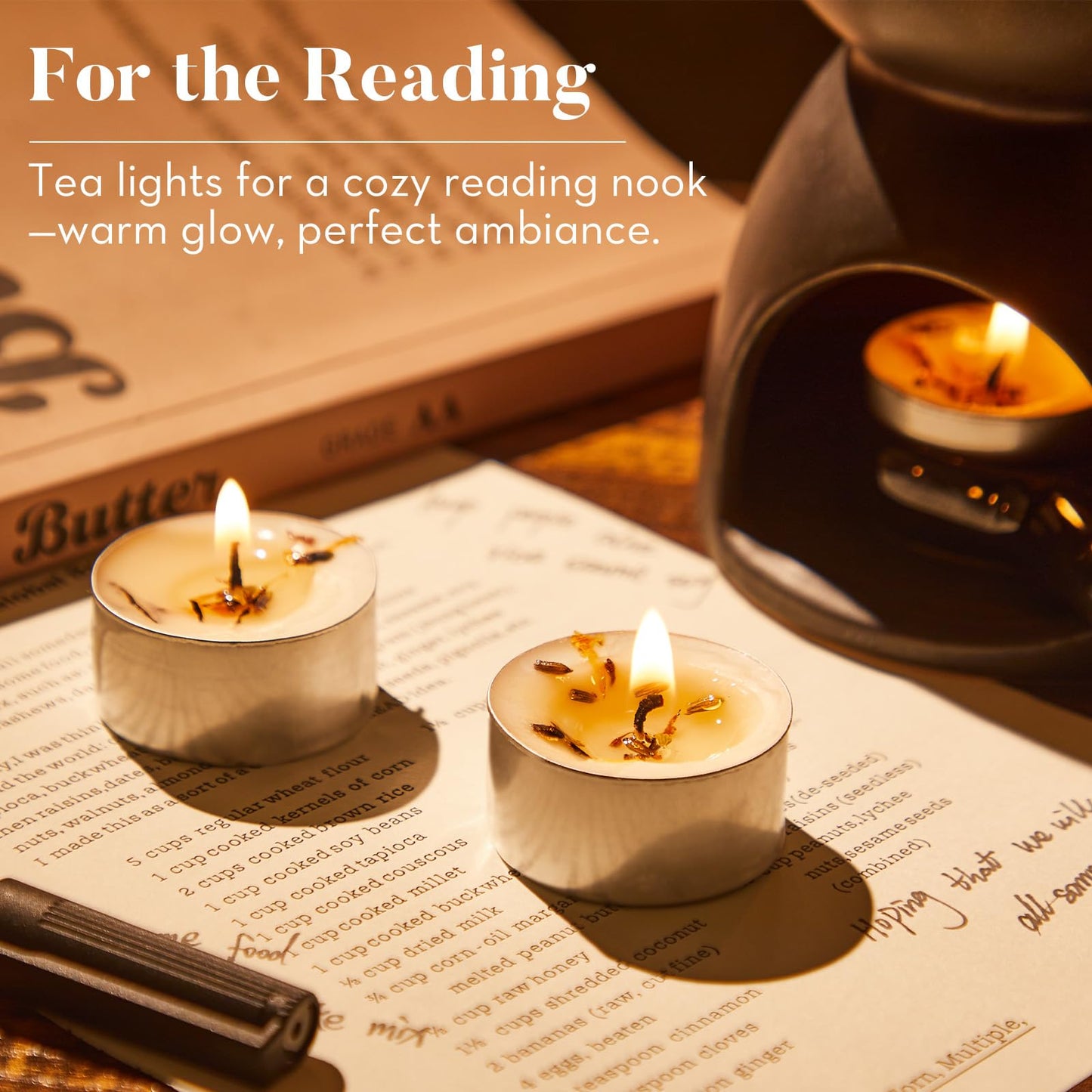 16 Pack Lavender Tealight Candles with Real Dried Petals, Natural Soy Wax, 6-Hour Burn Time for Home, Wedding, Bath Decor