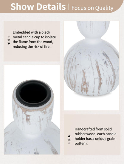 NUPTIO Taper Candle Holders Decor: Set of 3 Wooden Candlestick Holders Mantel Decor - Boho Farmhouse Rustic White