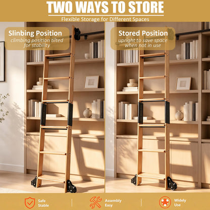 Leinuosen 95 Inch Rolling Library Ladder with 4ft Track Kit, Solid Oak Wood Ladder with Braking Wheels, Sliding Kit for Home, Bookshelf, Loft((Suitable for Installation Height 89-3/4")