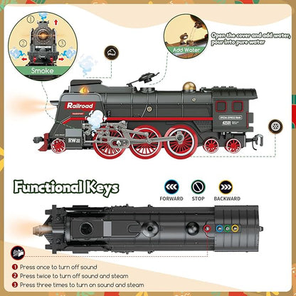 Christmas Electric Remote Control Train Set with Smoke Lights Sound Locomotive Cars and Remote Carriage 3 Smoke Outlets USB Rechargeable with Track Under Christmas Tree Gifts for Kids 3+