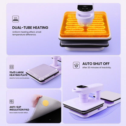 Whubefy Dual Auto Heat Press Machine 15x15, 360° Swing Away Smart T-Shirt Printing W/Auto Release & Auto-Off, Adjustable Pressure & Higher Heating Height for HTV, Sublimation, Heat Transfer Projects