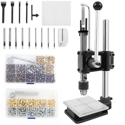 Leather Press Machine,Hole Puncher for DIY Leather Craft,Manual Press Punch Tools,with 400Pcs Grommet,9 Round Punches (1.5-6mm), 4 Stitching Prongs, 480 Rivets | Stainless Steel Pillar | Punch Puller