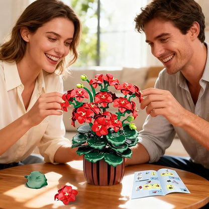 Flowers Geranium Botanicals Building Set - Artificial Bonsai Plants for Home Office Decor Display 548PCS Geranium Flowers Pot Building Blocks for Adults Women Age 12+ Gift for Easter