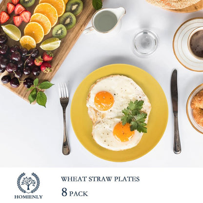 Homienly Flat Dinner Plates Set - 8 Microwave & Dishwasher Safe Wheat Straw Plates, Unbreakable, 9 inch Yellow