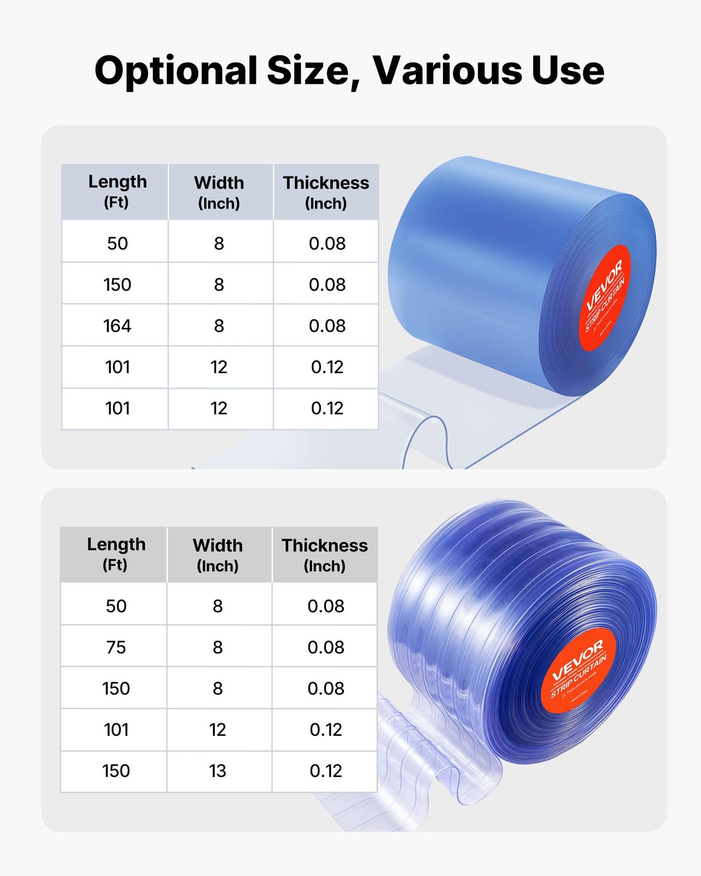 VEVOR Clear PVC Strip Curtain, 150 ft Length x 12 in Width, Ribbed Plastic Door Strip Bulk Roll, Walk in Freezer Cooler Curtain Strips for Doorways of Supermarket, Garage, Warehouse, Pet Animal House