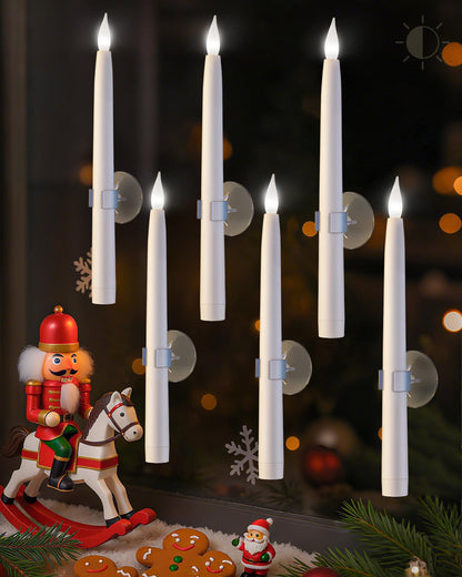 SURAIELEC 10.5'' Battery Window Candles with Suction Cups, Dusk-to-Dawn Christmas Window Candles, 5000K Cool White, Flameless LED Candle for Windows, 6 Pack (Rechargeable Battery Not Compatible)