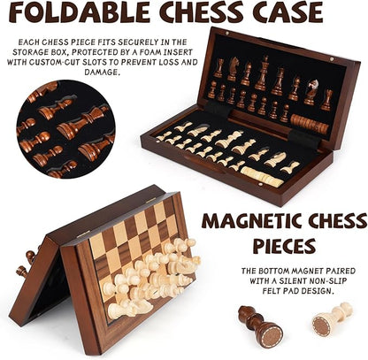 2 in 1 Magnetic Wooden Chess and Checkers Board Game Set 12 Folding Chess Boards Portable Travel Chess Sets with Pieces Storage Slots Beginner Chess Game Set for Kids and Adults