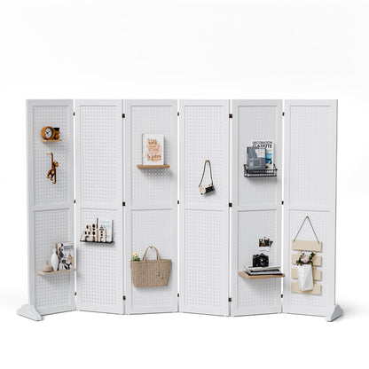 Bonnlo 4/6 Panel Pegboard Freestanding, 5 FT Portable Display Board Organizer for Craft Show Jewelry, Wooden Folding Privacy Screen Room Divider (White, 6 Panel with Base)