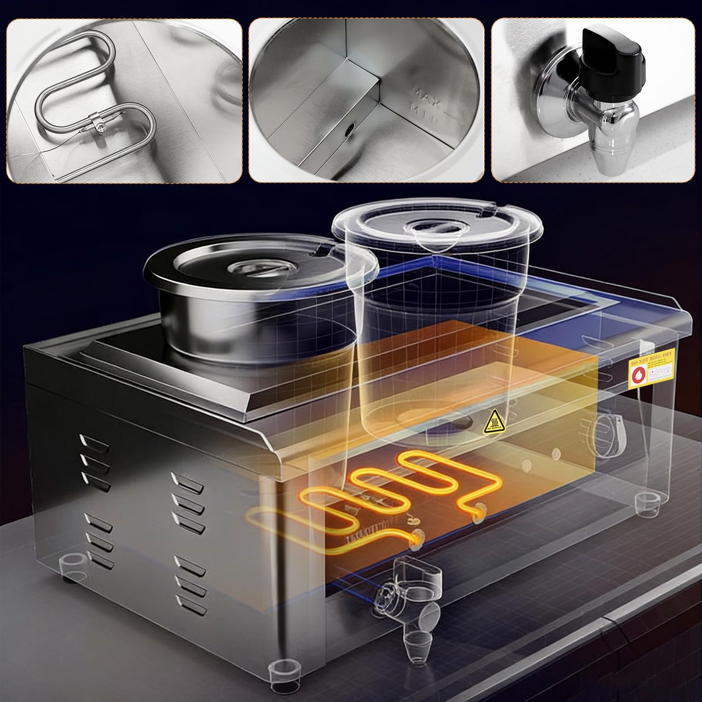 CTJ Electric Soup Warmer Two 7.4QT Nacho Cheese Warmer 304 Stainless Steel Commercial Food Warmer 86°F~185°F Adjustable, with Drain Faucet, Steam Table for Catering Restaurant Buffet