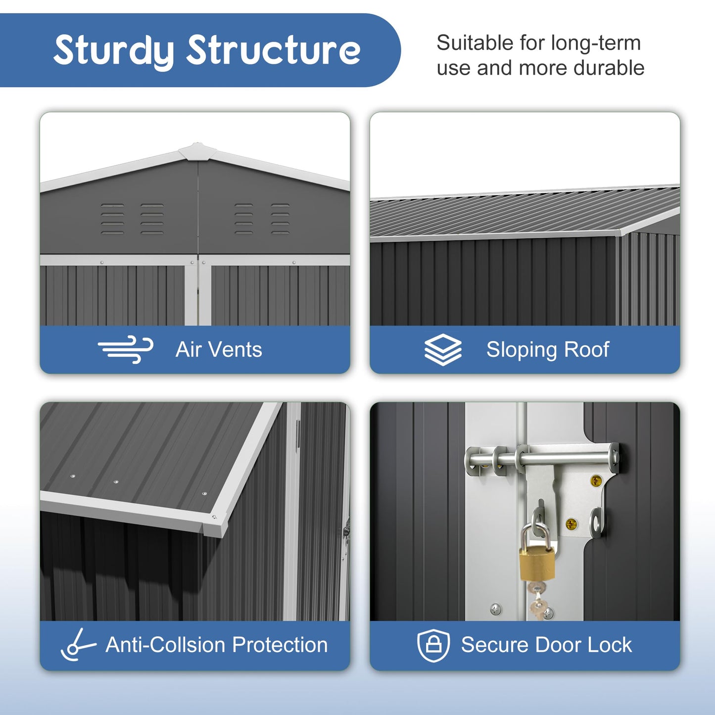 10'x10' Galvanized Steel Outdoor Storage Shed with Lockable Sliding Double French Doors & Top Air Vents, Large Heavy-Duty Garden Tool Shed, Black