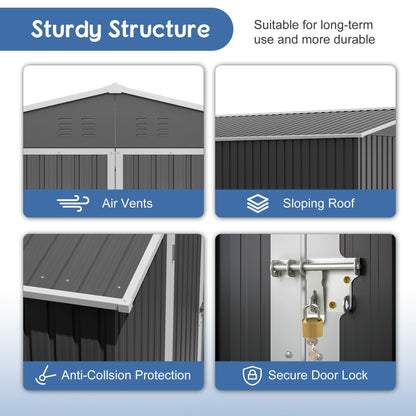 10'x10' Galvanized Steel Outdoor Storage Shed with Lockable Sliding Double French Doors & Top Air Vents, Large Heavy-Duty Garden Tool Shed, Black