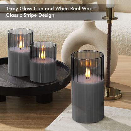 Rhytsing Smoked Ribbed Glass Battery Operated LED Candles with Remote, Flameless Candle with Timer Gift Set for Home Decor, Warm White Lights- Include 6 Batteries - Set of 3