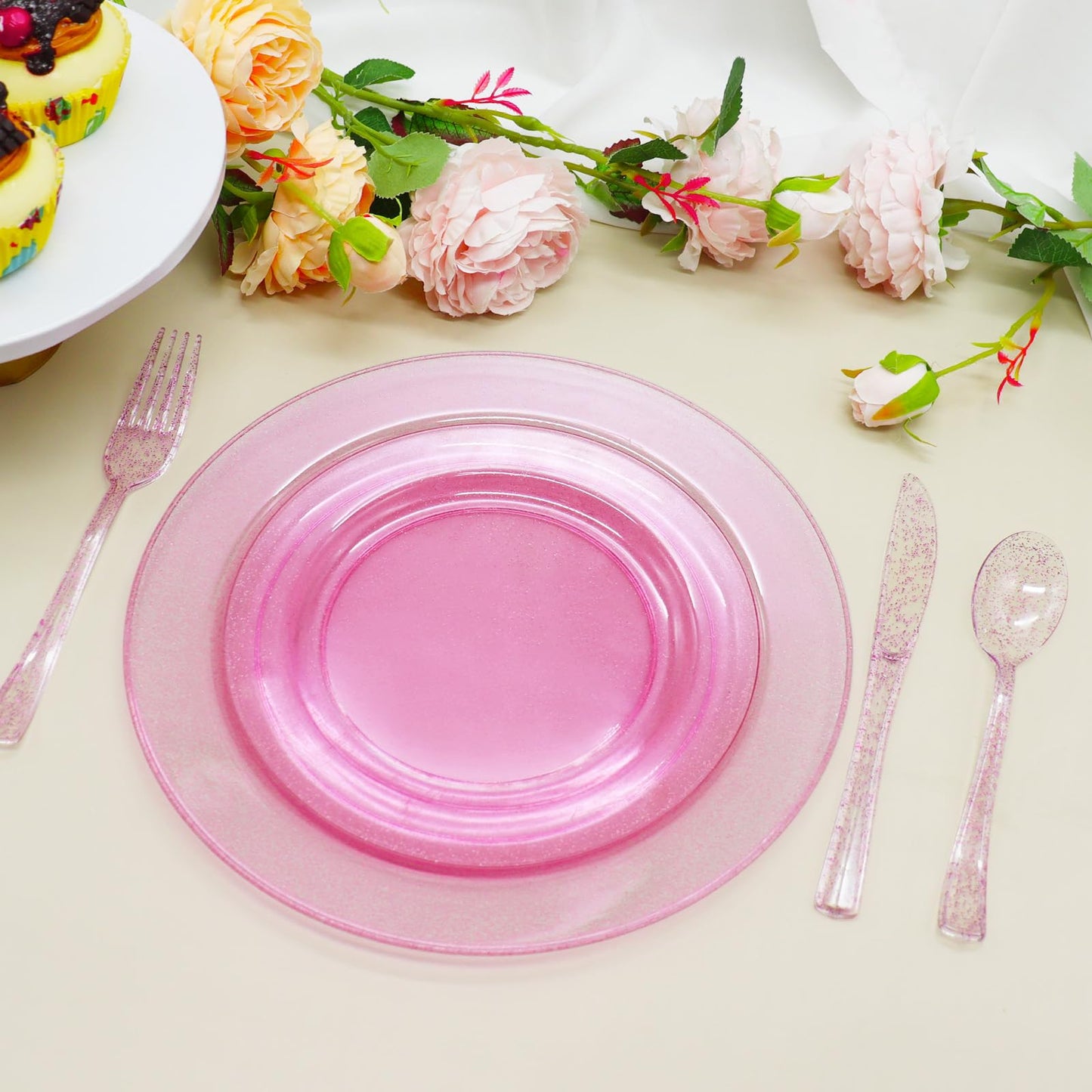joy akkess 125 PCS Hot Pink Plastic Plates with Pink Plastic Silverware include 25 Dinner Plates 10.25”, 25 Dessert Plates 7.5”, 25 Forks, 25 Knives, 25 Spoons for Birthday, Bridal Shower,Girl Party