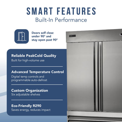 PEAKCOLD Double Door Commercial Refrigerator, 47 Cu. Ft., 54" W Stainless Steel Reach-In Upright Refrigerator, Adjustable Shelves, Auto Defrost, Digital Thermostat, Freestanding Industrial Fridge