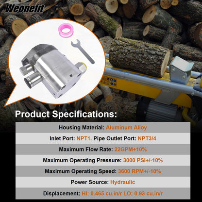 Hydraulic Wood Log Splitter Pump - 22 GPM | 2 Stage | 3000 PSI | Aluminum HI/LO Gear Pump with 3600 RPM, NPT3/4 Outlet Port, NPT1 Inlet Port, 5/8" Diameter Shaft