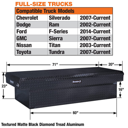 Buyers Products Crossover Truck Tool Box, Heavy Duty Saddle Cargo Bed Organizer for Equipment Accessories Storage, Metal Diamond Tread Aluminum, Deep, 71x20x23, Matte Black, 1739415