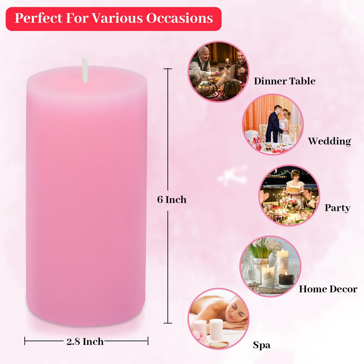Hand Pink 2.8x6 Pillar Candles Set of 3 - Rustic Unscented No Drip Wax Candles for Home Decor, Weddings, Centerpieces