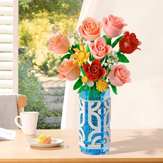 14 Flowers Bouquet Building Set with Vase and LED Light Easter Gifts for Family Friends 747 PCS Mini Roses Flower Building Blocks Toy Artificial Roses Flowers Home Decor &amp Display