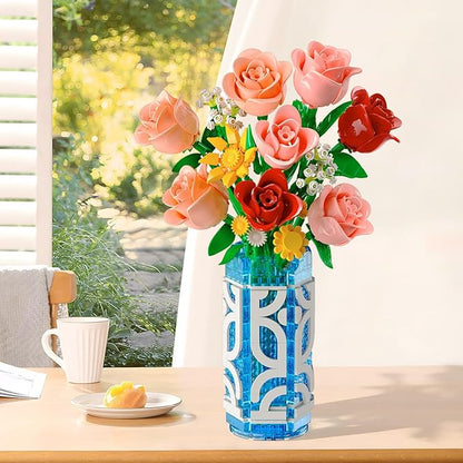 14 Flowers Bouquet Building Set with Vase and LED Light Easter Gifts for Family Friends 747 PCS Mini Roses Flower Building Blocks Toy Artificial Roses Flowers Home Decor &amp Display
