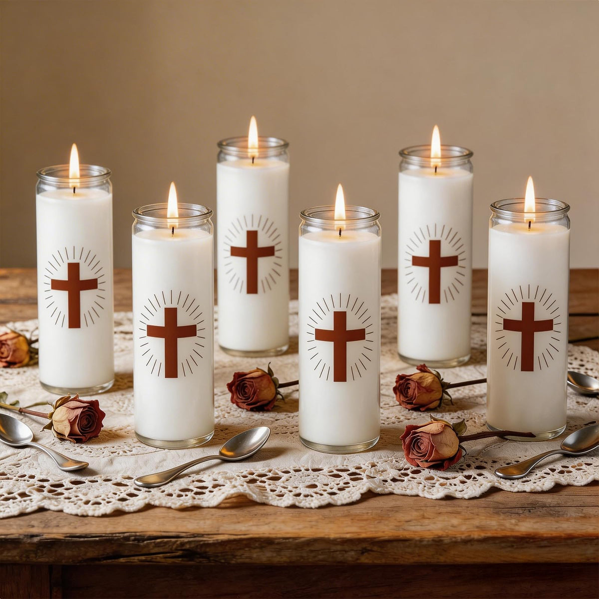 Trxvxo 6 Pack White Prayer Candles, Devotional Candles in Safe Blown Glass Jars with Cross, Long‑Burning Smokeless Catholic Candles for Vigil, Church & Memorials