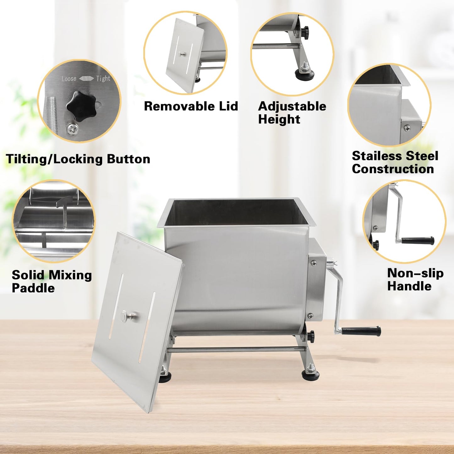 CLIVIA Manual Meat Mixer, 45 Pound Meat Mixer for Sausage, 45lbs Capacity Tilt Tank Sausage Mixer, Stainless Steel Food Processer for Meat, Vegetable, Burger, Dumplings