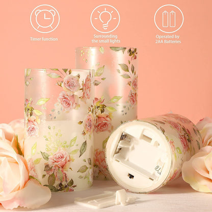 MELTONE Rose Flameless Candles Love Theme Glass Pink LED Candles with Remote - Home Wedding Bedroom Room Christmas Valentine's Day Decor - Set of 3