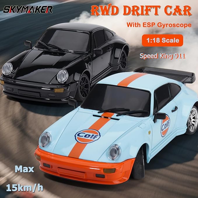 Skymaker Porsche 911 RC Drift Car 1/18 RWD (Blue) | Metal Tires 2.4GHz Remote &amp Gyro for Adults