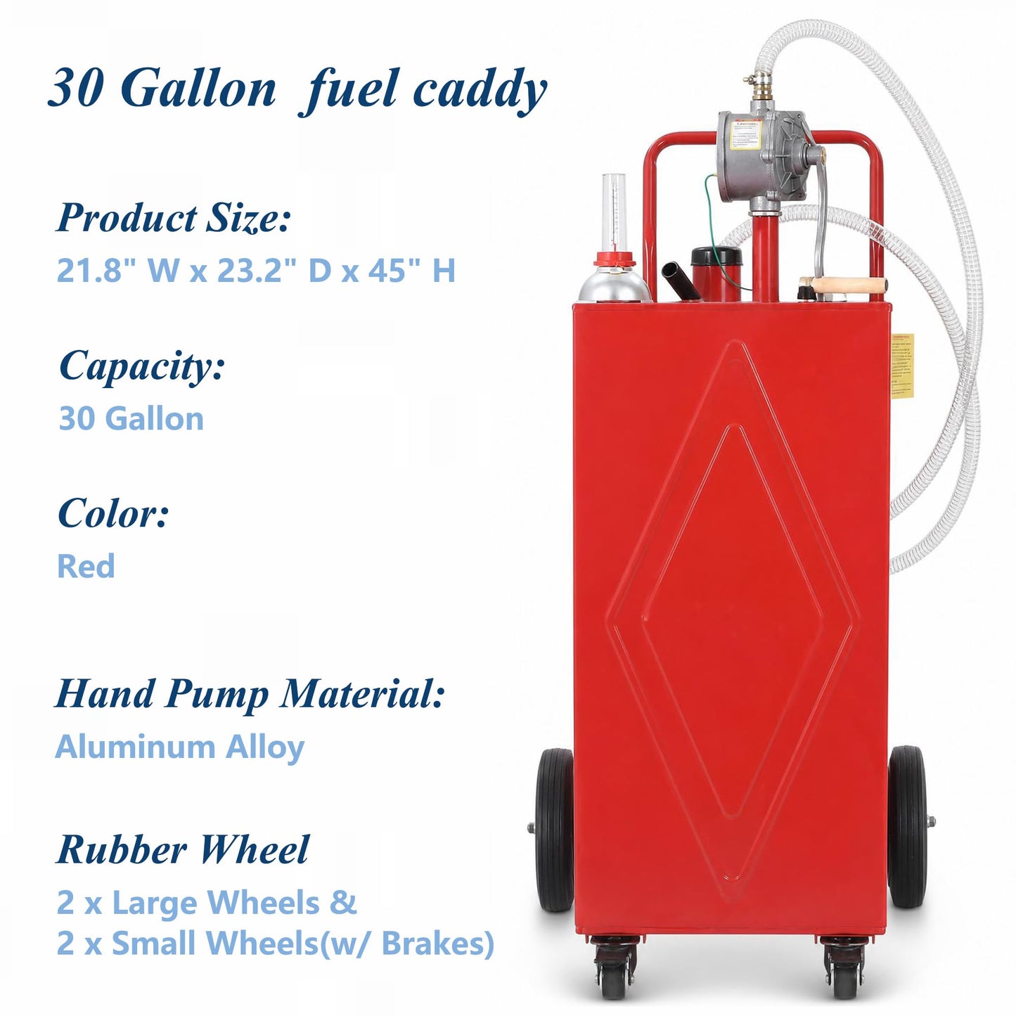 Upgrade 30-Gallon Portable Fuel Transfer Tank with Manual Pump, Heavy-Duty Gasoline & Diesel Caddy on 4 Wheels, Mobile Fuel Storage Container for Cars, Trucks, Boats, Lawn Mowers & Farm Equipment, Red