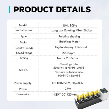 LAB FISH Digital Long Axis Rotating Mixer Shaker Chemical Tube Mixer Adjustable Speed 20-80RPM Timer 1min-23h59min & Continuous Mode for 2/5/10/15/50ml Test Tubes