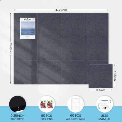 Large Cork Bulletin Board for Wall 48"x36", 12 Pack Felt Wall Tiles with 80 Pushpins, 60 Safe Removable Adhesive Tabs, Decorative Pin Board Tack Board for Office Home School, Dark Gray