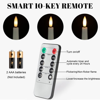 Flameless Taper Candles with 3D Wick, 9.6" Real Wax LED Candles with 2 Remote and Timer, 6 Pack Flickering Candlesticks Battery Operated, Classic Tall Taper Candle for Home, Wedding, Party, White