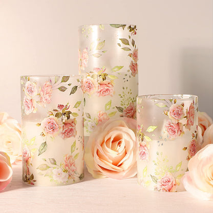 PETRISTRIKE Pink Flameless Candles with Remote Timer, Flickering Glass Candles, Love Themed Decor Battery Led Pillar Candles, Rose Table Ornaments for Mother Gifts,Valentine's Day, Centerpiece