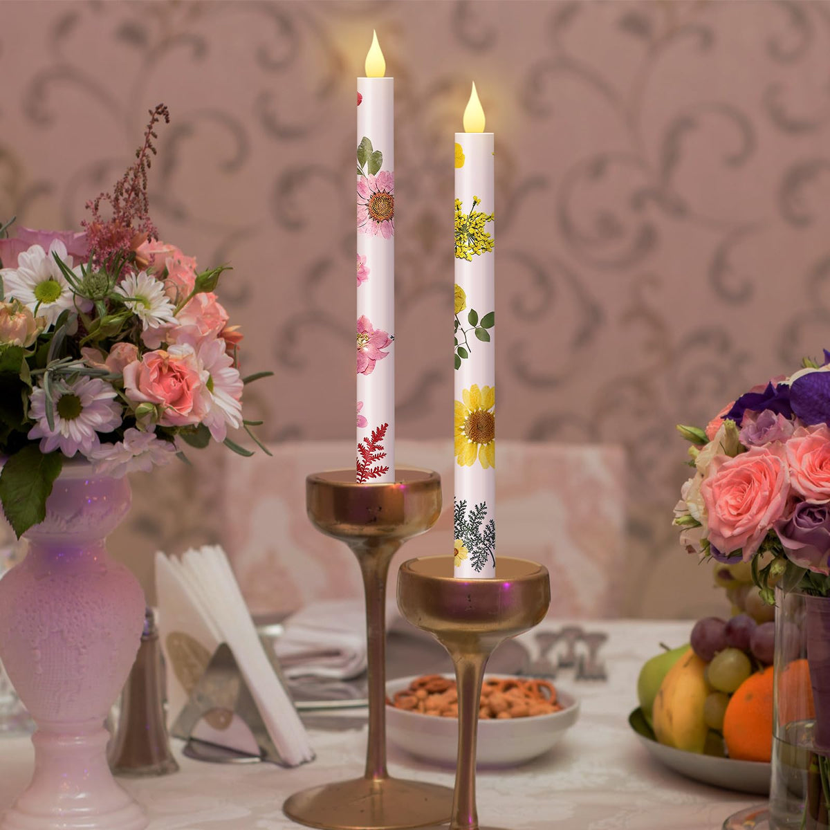 Nuanchu 6 Pcs Mother's Day Floral LED Flameless Taper Candles 10.6 Inch Pastel Dried Flower Flameless Candles Battery Operated Candlestick for Home Wedding Garden Summer Party Decoration