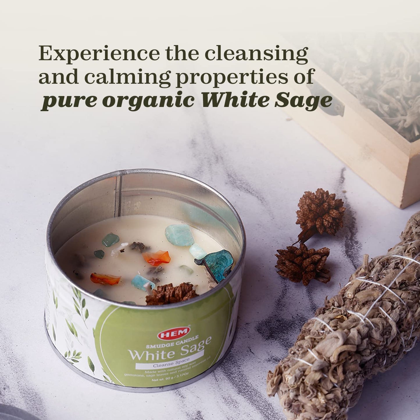 HEM White Sage Candle with Crystals & Sage Leaves – 9.5oz Natural Soy Wax, 65 Hrs Clean Burn | Earthy Smudge Candle for Cleansing, Meditation & Relaxation | Long Lasting Spiritual Gift (Pack of 3)