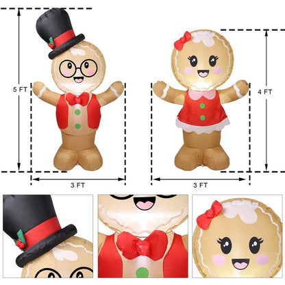 Joliyoou Christmas Inflatable Decoration, 5FT Set of 2 Blowup Welcome Gingerbread Man Couple, Adorable Xmas Inflatable Ginger Bread Man for Winter Holiday Garden Yard Lawn Outdoor Indoor Decor